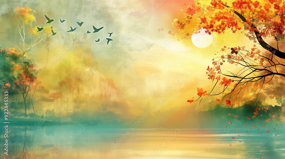 Wall mural autumn landscape with birds flying over tranquil lake at sunset