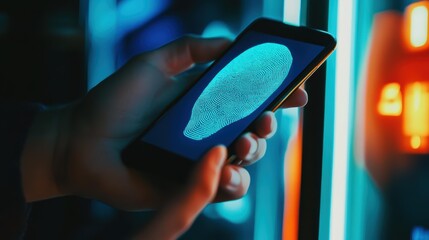 A close-up of a hand holding a smartphone with a glowing fingerprint on the screen, indicating biometric security. The image conveys a sense of modern technology and security.