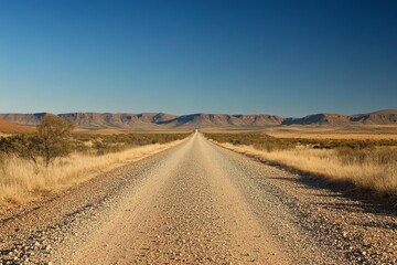 A long gravel road stretches profoundly into the vast horizon, surrounded by an arid, desolate landscape characterized by sparse vegetation and mountains rising majestically under a clear blue sky