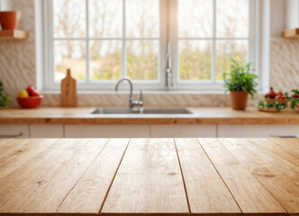 Green Empty wooden table with the bright white interior of the kitchen as a blurred background...