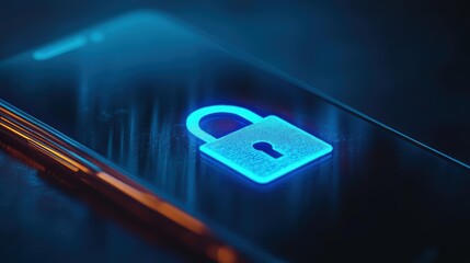 A glowing blue padlock icon is displayed on a smartphone screen, symbolizing digital security and data protection.