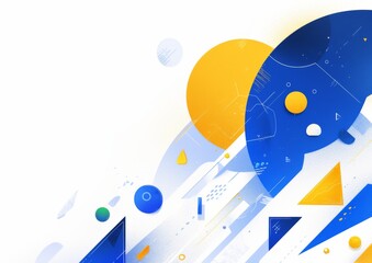 Obraz premium Geometric Design with Yellow Triangles, Blue Circle, and Orange Square on a White Background