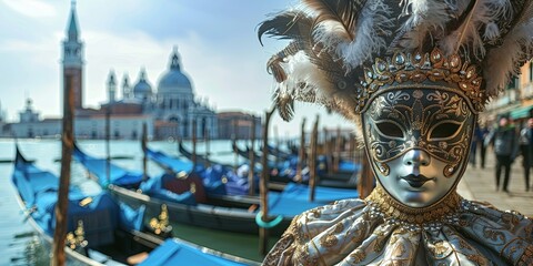 A Venetian Carnival mask with a gold and silver design, with a blurred background of gondolas and the city skyline.