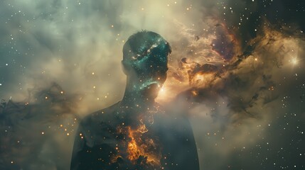 Obraz premium The silhouette of a person blends with a stunning cosmic scene filled with stars, galaxies, and vibrant colors, creating an ethereal atmosphere