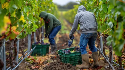 The vineyard workers harvesting grapes