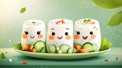 Fototapeta premium Delightful Rice Paper Cartoon Characters and Spring Rolls on Green Background in High-End Illustration Style