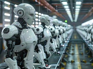 Fototapeta premium Smart factory with robotic workers, representing automated manufacturing.