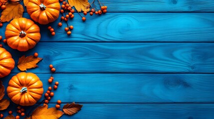 Fototapeta premium Vibrant blue wooden background with pumpkins and berries, creating an autumn-themed border for text or design space