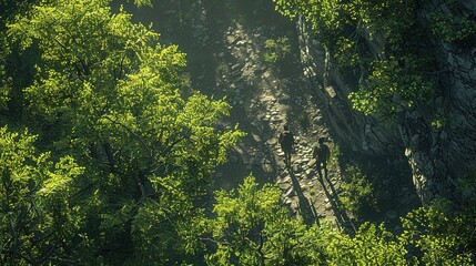 Obraz premium From above, hikers are seen walking through a dense forest on a mountainside, the canopy of leaves creating a dappled pattern of light and shadow on the ground.