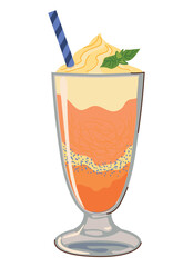 Falooda is a popular cold dessert in Indian cuisine. It contains rose syrup, vermicelli, basil seeds and milk jelly pieces. In Mauritius, it is called Alouda. Flat style vector.