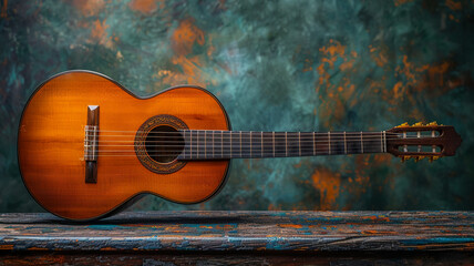 Obraz premium Guitar close-up, with attention to the fretboard and acoustic design