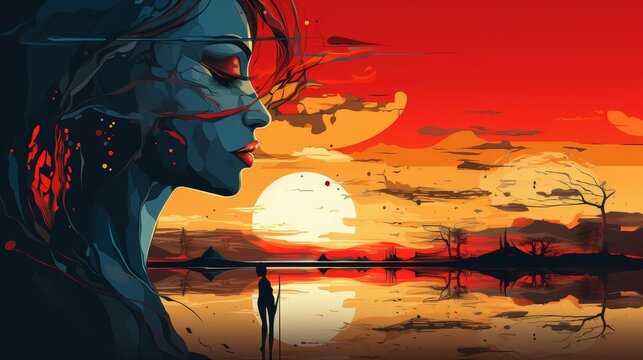 Stylized flat design, side view, surreal theme, cartoon drawing, Splitcomplementary color scheme