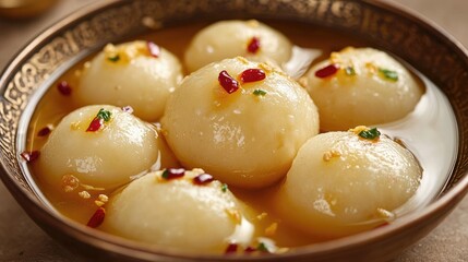 Rasgulla and Gulab Jamun Dessert: A close-up of rasgulla and gulab jamun served in a bowl of syrup, showing the sweetness of Indian desserts.