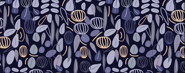 Abstract leaves and shapes pattern. Delicate plant seamless background. Vector wallpaper with modern unusual pattern for fabric, textile, wrapping paper.