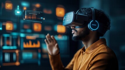 An AI-powered virtual reality environment with interactive elements responding to user input, symbolizing immersive technology