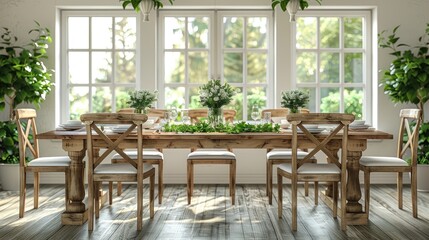 dining wooden table and chairs in modern home with elegant table setting  