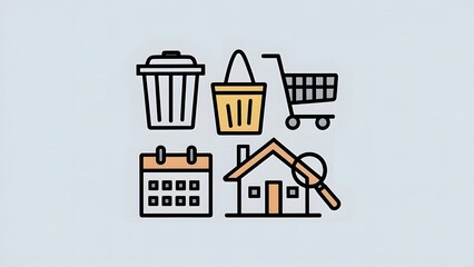 Naklejka premium 2D icons of a wastebasket, shopping cart, house, trolley and magnifying glass separated on a bright red background in a simple black and white design, with vertical and curved lines forming their bodi
