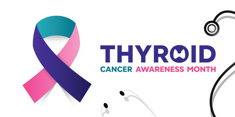 Thyroid Cancer Awareness Month. Ribbon and stesthoscope. Great for cards, banners, posters, social media and more. White background.