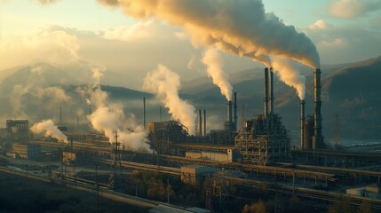 large industrial factory with smokestacks belching smoke and workers operating machinery