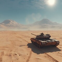 Desert Warfare: A tank in a vast, arid desert with sand dunes stretching into the distance, the sun high and bright, casting stark shadows.