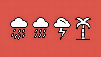 2D icons of clouds, rain, thunder and palm trees separated on a bright red background in a simple black and white design, with vertical and curved lines forming their bodies.
