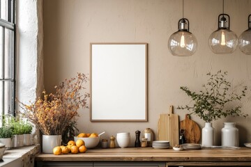 Minimalist Kitchen interior with Poster Mockup created with Generative AI