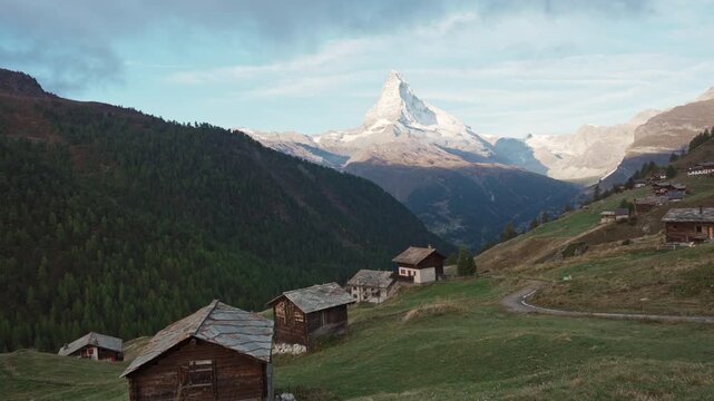 Matterhorn mountain over Findeln village on hill at Switzerland