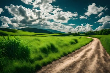 Fototapeta premium feild with green grass and cloudy sky