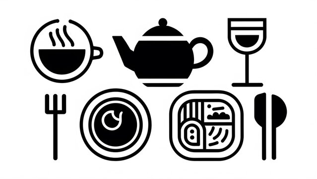 2D icons of a teacup, teapot, spoon, knife, fork, cup and saucer separated on a bright red background in a simple black and white design, with vertical and curved lines forming their bodies.