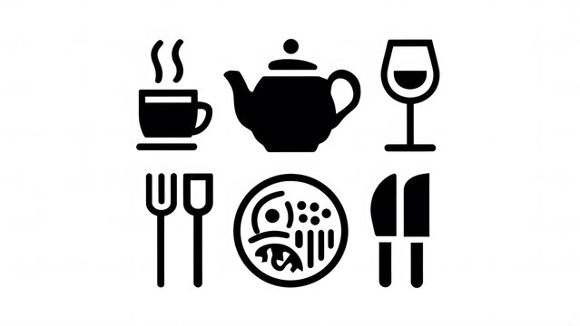 2D icons of a teacup, teapot, spoon, knife, fork, cup and saucer separated on a bright red background in a simple black and white design, with vertical and curved lines forming their bodies.