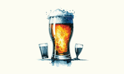 free drink, watercolor mugs of beer, alcohol drinks, hand drawn illustration, watercolor mugs of beer