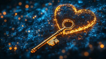 Golden antique key with heart shaped hole unlocks success symbol on white