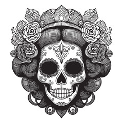 Symbolic and suggestive calavera illustration with detailed line work and floral crown