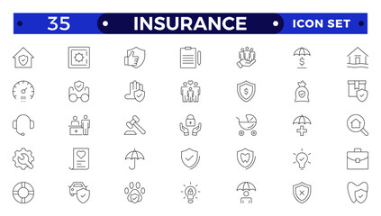 Insurance icon collection. Related to healthcare medical, life, car, home, travel insurance icons.