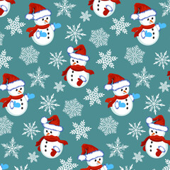 Snowflakes and snowmen in a pattern.Vector seamless pattern with white snowflakes and snowmen on a colored background.