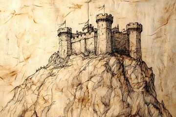 Majestic Hand Drawn Ancient Castle on Hill in Intricate Black Ink on Toned Brown Paper