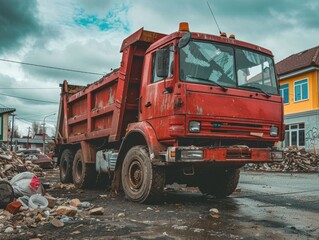 Old dump truck parked on a city street in winter with residential buildings in the background
