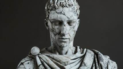 The marble statue of a Roman emperor stands in a museum, showcasing intricate details and an expression of deep contemplation