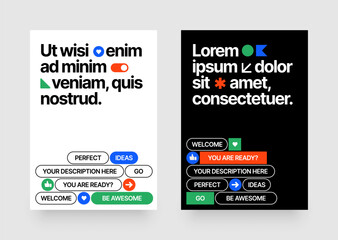 Layout template with geometric shapes and y2k patches, labels, tags, stickers for flyer, poster, cover, brochure or banner. 