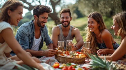 group of friends enjoying a picnic together, their meal consisting of whole grains, lean proteins, fruits and vegetables
