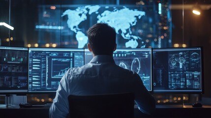 Man Working on Multiple Screens with Global Network Visualization