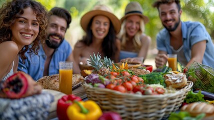 Fototapeta premium group of friends enjoying a picnic together, their meal consisting of whole grains, lean proteins, fruits and vegetables