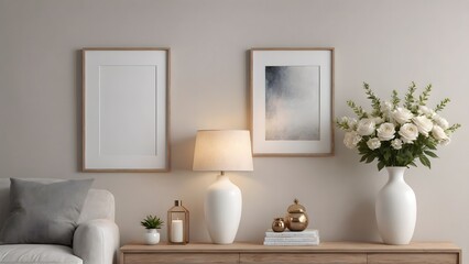 A modern living room with a sofa set and featuring vertical poster frames in wooden frame borders on the wall mock-up 3d illustration template.