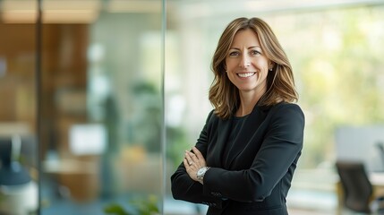 portrait of Happy cheerful professional middle aged business woman corporate leader, smiling positive mature female executive manager standing in office arms crossed looking at camera.