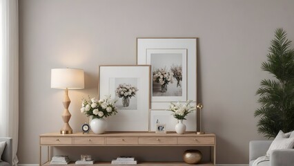 A modern living room with featuring vertical poster frames in wooden frame borders on the wall mock-up 3d illustration template.