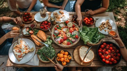 Fototapeta premium group of friends enjoying a picnic together, their meal consisting of whole grains, lean proteins, fruits and vegetables