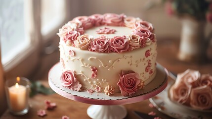 Anniversary cake with romantic, elegant decorations