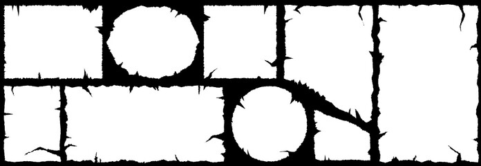 Set of jagged edge rectangle shapes. White ripped paper sheets with scratches. Grunge frame collection ideal for stickers, collages, and banners. Vector illustration isolated on a white background.