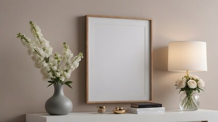 A modern living room with featuring vertical poster frames in wooden frame borders on the wall mock-up 3d illustration template.