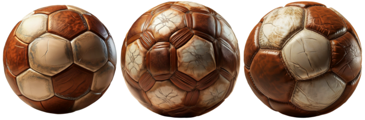 Close-up of three old brown and white soccer balls, isolated on white or transparent background. Png. Generative Ai.